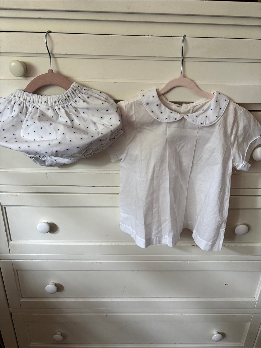 Brother & Sissy 3T White Two-Piece Set with Blue & Green Dot Trim and bloomers.